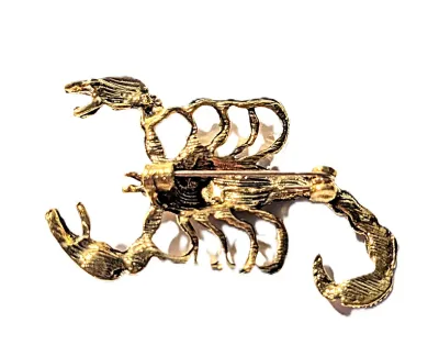 **NEW ARRIVAL** RED STONES Gold Colored SCORPION BROOCH (2" x 1¼") with Jeweled Claws and Tail on a "BRASS" Tone Setting