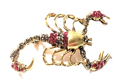 **NEW ARRIVAL** RED STONES Gold Colored SCORPION BROOCH (2" x 1¼") with Jeweled Claws and Tail on a "BRASS" Tone Setting