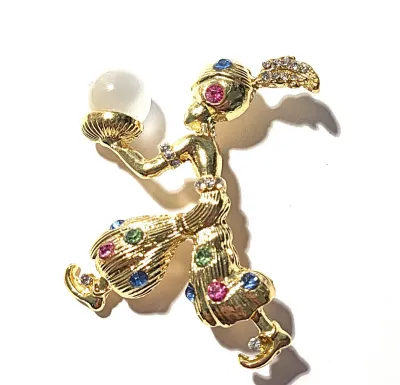 **NEW ARRIVAL** Jeweled Gold Colored "CLOWN GENI" BROOCH (2¼" x 1¾") with Opaque Globe on a Gold Tone Setting