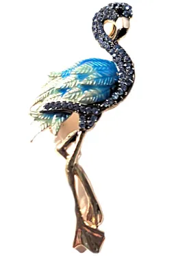 **NEW ARRIVAL** BLUE FLAMINGO BROOCH (2½" x 1") with Jeweled Head and Neck, Black Eye + Blue Plumes on a Gold Tone Setting