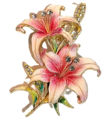 **NEW ARRIVAL** Bejeweled Enameled PINK & WHITE FLOWERS SPRAY BROOCH (2" x 1½") with 2 Flowers, Green Jeweled Stem and...