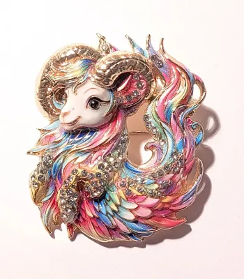**NEW ARRIVAL** MULTICOLOR PINKS CERAMIC "FEATHERY" HORNED SHEEP BROOCH (1¾" x 1½") on a Gold Tone Setting