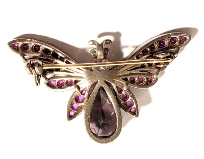 **NEW ARRIVAL** Petite MAGENTA BUTTERFLY BROOCH (1½" x 1") with Purple Teardrop Body Stone, Green Eyes on a Gold Tone Setting