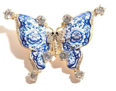 **NEW ARRIVAL** BLUE & WHITE Enameled "Swallowtail" BUTTERFLY BROOCH (2½" x 2") with Clear Stones...