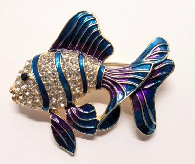 **NEW ARRIVAL** AQUAMARINE STRIPED Enameled "FLOWING FINS" FISH BROOCH (2" x 1¾") with Purple and Aquamarine Fins,...