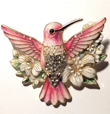 **NEW ARRIVAL** PINK Ceramic Styled HUMMINGBIRD BROOCH (1¾" x 1½") with White Flowers and Wings Out-Stretched on a Gold Tone...