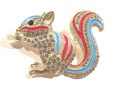 **NEW ARRIVAL** Cute Red & Blue Tail SQUIRREL BROOCH (2¼" x 1½") "Munching" on a White Faux Pearl, Black Eyes and...