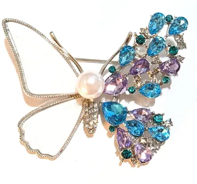 **NEW ARRIVAL** Half Side "MOTHER-OF-PEARL" Style BUTTERFLY BROOCH (2" x 1½") with Single White Faux Pearl and Green,...
