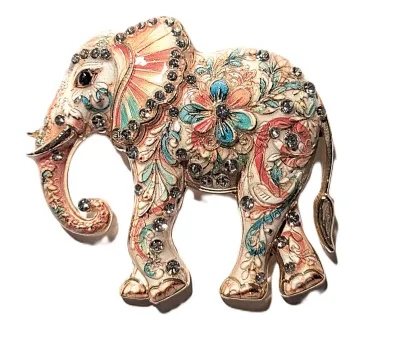 **NEW ARRIVAL** Jeweled Enameled ORANGE & BLUE ELEPHANT BROOCH (2" x 1¾") with Body Flowers and Stones, Black Eye, Gold...