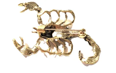 **NEW ARRIVAL** BLUE STONES Gold Colored SCORPION BROOCH (2" x 1¼") with Jeweled Claws and Tail on a "BRASS" Tone...