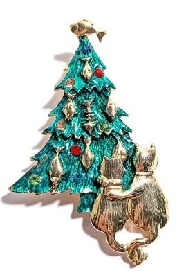 **NEW ARRIVAL** Enameled GREEN & GOLD COLORED "CATS & FISH" HOLIDAY TREE" BROOCH (3" x 2") with 2 Cats...