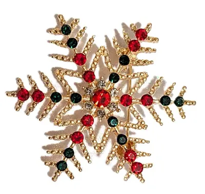 **NEW ARRIVAL** RED & GREEN "SNOWFLAKE" BROOCH (2" Diam.) with Red, Green and Clear Round Stones on a Gold Tone Setting