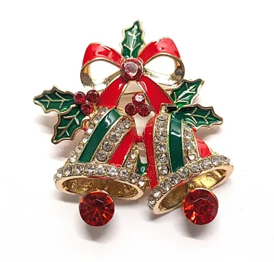 **NEW ARRIVAL** Jeweled RED & GREEN STRIPED HOLIDAY BELLS BROOCH (2" x 1¾") with Enameled Green Leaves + Red Ribbon and...