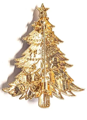 **NEW ARRIVAL** Ceramic BLUE & WHITE HOLIDAY TREE" BROOCH (2½" x 2") with Bow, Gifts, Tinsel and Gold Colored Star...