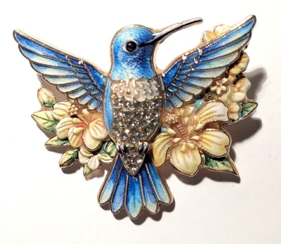 **NEW ARRIVAL** BLUE Ceramic Styled HUMMINGBIRD BROOCH (1¾" x 1½") with Yellow Flowers and Wings Out-Stretched on a Gold Tone...