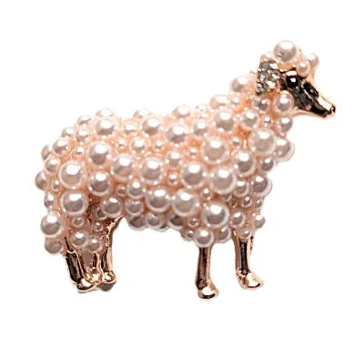 **NEW ARRIVAL** ALL WHITE PEARLS SHEEP BROOCH (1¾" x 1½") with Gold Feet & Face, Black Eye and Jeweld Ear on a Rose Gold...
