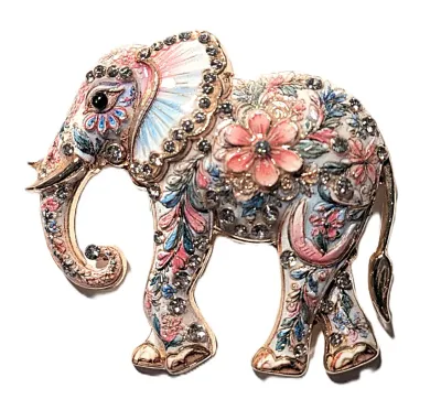 **NEW ARRIVAL** Jeweled Enameled PINK & BLUE ELEPHANT BROOCH (2" x 1¾") with Body Flowers and Stones, Black Eye, Gold Trunk...