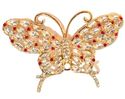 **NEW ARRIVAL** Jeweled CLEAR Marquise-Cut & Round RED Stones BUTTERFLY BROOCH (2½" x 1¾") with Gold Colored...