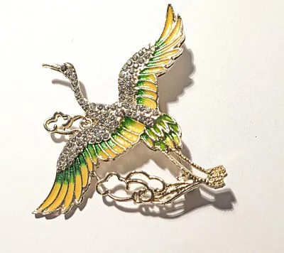 **NEW ARRIVAL** Jeweled YELLOW & GREEN CRANE BROOCH (2¼" x 2") with Jeweled Body + Wings Stones, Black Eye and on a Gold...