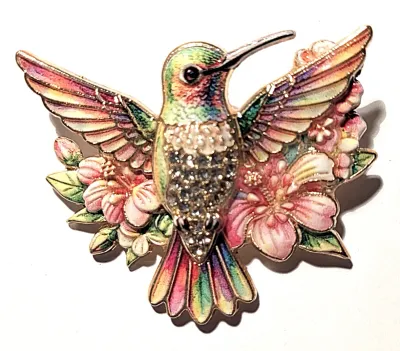 **NEW ARRIVAL** PINK & GREEN Ceramic Styled HUMMINGBIRD BROOCH (1¾" x 1½") with Pink Flowers and Wings Out-Stretched on a...