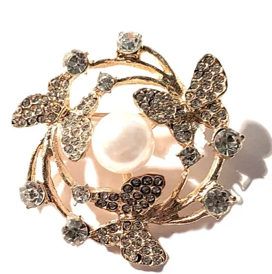 **NEW ARRIVAL** Bejeweled 3 BUTTERFLIES CIRCLE BROOCH (1½" Diam.) with Single Faux Pearl and Jeweled Butterflies on a Gold Tone Setting