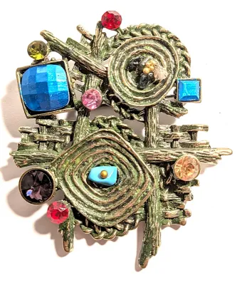 **NEW ARRIVAL** Fun ECLECTIC VARIETY BROOCH (2¾" x 2¼") with Blue + Multicolored Stones & Enamel Pieces on a Silver Tone...