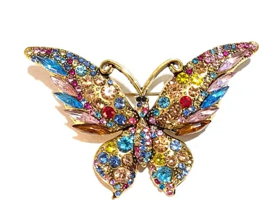 **NEW ARRIVAL** Jeweled MULTICOLOR Marquise-Cut & Round Stones BUTTERFLY BROOCH (2½" x 1¾") with Thick Gold Colored...