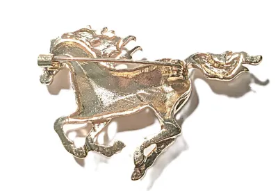 **NEW ARRIVAL** BEJEWELED GOLD COLORED HORSE BROOCH (2¼" x 1½") with "Spikey Mane" and Flowing Tail on a Gold Tone...