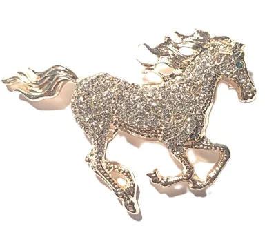 **NEW ARRIVAL** BEJEWELED GOLD COLORED HORSE BROOCH (2¼" x 1½") with "Spikey Mane" and Flowing Tail on a Gold Tone...