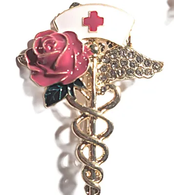 **NEW ARRIVAL** Enameled Jeweled "RED CROSS" ROSE BROOCH (2¼" x 1¾") on a Gold Tone Setting