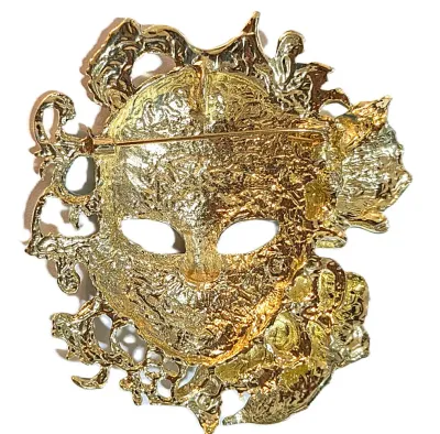 **NEW ARRIVAL** Large GREEN & GOLD "MASK" BROOCH (2¾" x 2½") with Gold Colored Mouth and Purple and Black...