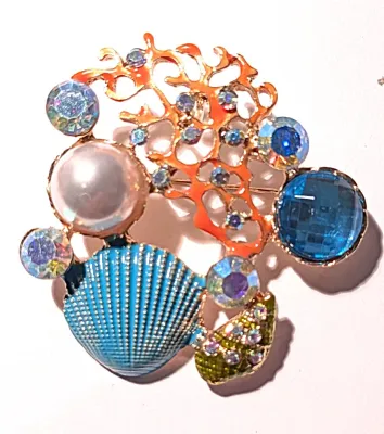 **NEW ARRIVAL** ORANGE & BLUE SEASHORE BROOCH (2" x 1¾") with Coral, Clam, Pearls and Jewels on a Gold Tone Setting