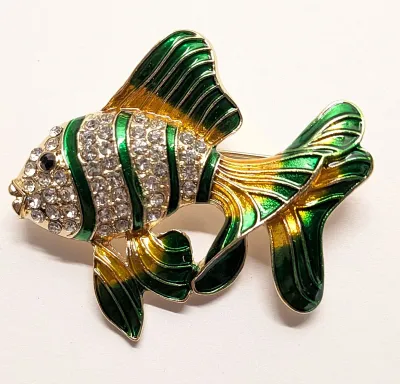 **NEW ARRIVAL** GREEN STRIPED Enameled "FLOWING FINS" FISH BROOCH (2" x 1¾") with Green and Gold Fins, Black Eye +...