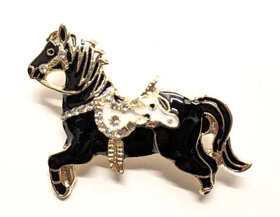 **NEW ARRIVAL** Ceramic-Style Jeweled BLACK HORSE & WHITE SADDLE BROOCH (1¾" x 1¼") on a Gold Tone Setting