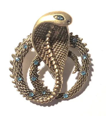 **NEW ARRIVAL** "Brass" Colored COBRA BROOCH (1½" x 1½") with Tiny Blue Accent Body & Eye Stones on a...