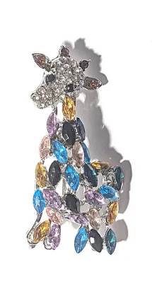 **NEW ARRIVAL** Small Jeweled Multicolor GIRAFFE BROOCH (2" x ¾") with Amber Ears & Horns and Black Eyes on a Silver Tone...
