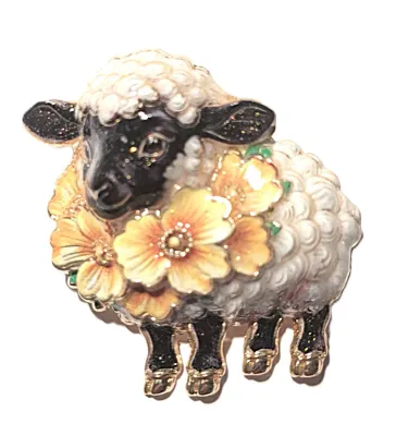 **NEW ARRIVAL** YELLOW Flowered "PUFFY SHEEP" BROOCH (1¾" x 1½") with Black Face and Gold Colored Feet on a Gold Tone...