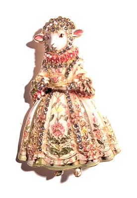 **NEW ARRIVAL** Very Jeweled & Colorful "SHEEP IN A DRESS" BROOCH (2" x 1½") Holding a Cup and Saucer on a Gold...