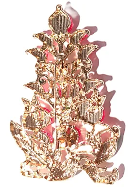 **NEW ARRIVAL** Large Jeweled PINK GLASS STONES TREE BROOCH (3½" x 2¼") with Green Enamel Leaves on a Gold Tone Setting