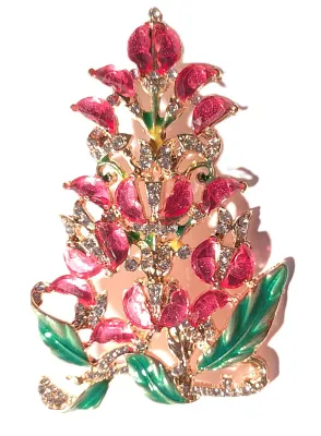 **NEW ARRIVAL** Large Jeweled PINK GLASS STONES TREE BROOCH (3½" x 2¼") with Green Enamel Leaves on a Gold Tone Setting