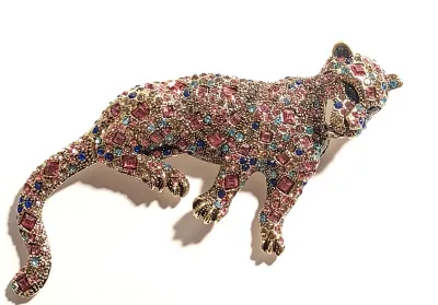 **NEW ARRIVAL** Large Beautiful Multicolored Jeweled LION BROOCH (5¼" x 3") with Segmented MOVEABLE Tail on a Gold Tone Setting