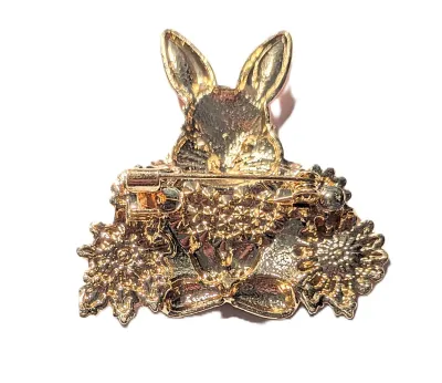 **NEW ARRIVAL** Cute Jeweled ORANGE & WHITE BUNNY" BROOCH (1¾" x 1¾") with Orange Flowers, Gold Whiskers and Black...