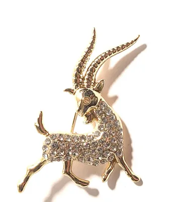 **NEW ARRIVAL** Jeweled Gold Colored ANTELOPE IMPALA BROOCH (2¼" x 1¾") with Clear Stones Body & Eye on a Gold Tone Setting