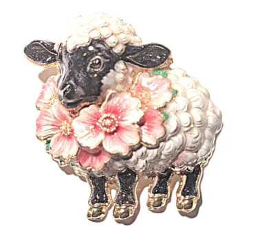 **NEW ARRIVAL** PINK Flowered "PUFFY SHEEP" BROOCH (1¾" x 1½") with Black Face and Gold Colored Feet on a Gold Tone...