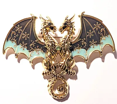 **NEW ARRIVAL** Large Ceramic-Style GREEN & BLACK "DOUBLE DRAGONS" BROOCH (3" x 2") with Black Stone Eyes and...