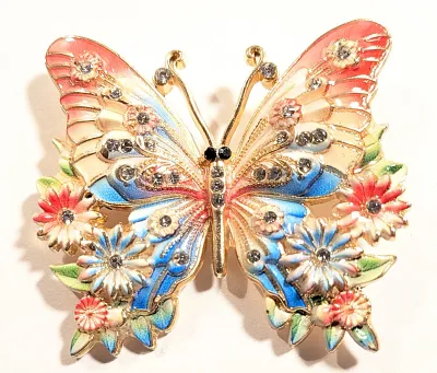 **NEW ARRIVAL** Ceramic RED & BLUE BUTTERFLY BROOCH (1¾" x 1½") with Red Wings and Red and Blue Flowers, Black Eyes, Clear...