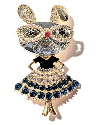 **NEW ARRIVAL** Interesting "BIG GLASSES BUNNY" BROOCH (2½" x 1¼") with Blue & Clear Stones Dress, Red...