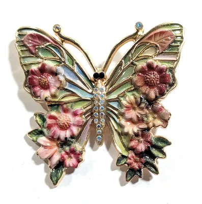 **NEW ARRIVAL** Ceramic RED & PINK BUTTERFLY BROOCH (2¼" x 2") with Green Wings and Red and Pink Flowers, Light Blue Stones...
