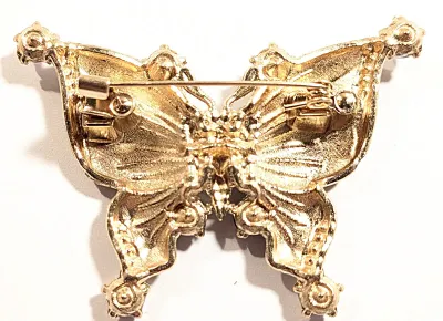 **NEW ARRIVAL** Enameled ORANGE & BLACK BUTTERFLY BROOCH (2½" x 1¾") with Large Round Clear Accent Stones, Black Eyes and...