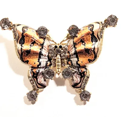 **NEW ARRIVAL** Enameled ORANGE & BLACK BUTTERFLY BROOCH (2½" x 1¾") with Large Round Clear Accent Stones, Black Eyes and...